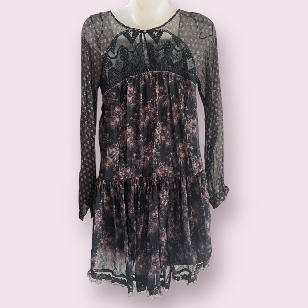 Free People Floral Lace Mini Dress Sheer Polka Dot Babydoll Cottagecore Size XS - Picture 9 of 10
